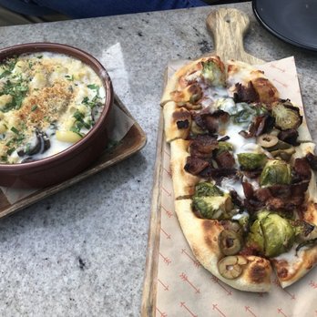 Saint & Second - Mac and cheese and Brussel and Burrata flatbread. This was ok, I am not sure about using burrata this way. The ingredients don't work. - New American Near Me - Long Beach, California