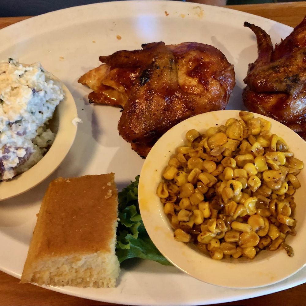 1/2 white meat BBQ chicken with potato salad, corn and cornbread 1/2 white meat BBQ chicken with potato salad, corn and cornbread