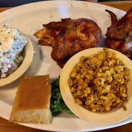 1/2 white meat BBQ chicken with potato salad, corn and cornbread 1/2 white meat BBQ chicken with potato salad, corn and cornbread