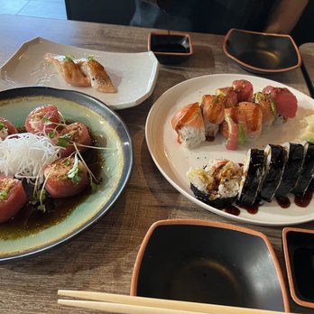 Sushi Gio - Top left is salmon belly sushi, bottom left the Gio Debbie roll, top right is the fire roll and bottom right is the spider roll - Japanese Near Me - Mansfield, Texas Sushi Gio - Top left is salmon belly sushi, bottom left the Gio Debbie roll, top right is the fire roll and bottom right is the spider roll - Japanese Near Me - Mansfield, Texas