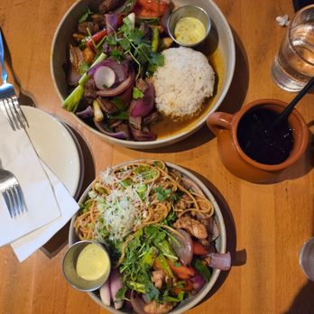 Flama Llama - Lomo saltado, garlic noodles with pollo saltado and chicha morada (drink) - Latin American Near Me - San Diego, California
