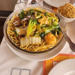 Bistro City - Pan fried noodles $17.95:  tons of sauce & toppings, but standard flavor, 7.5/10