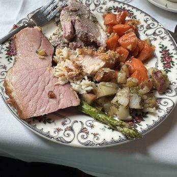 Dobbin House Tavern - From Left Clockwise: Ham, Roasted Lamb, Glazed Carrots, parsley potatoes, asparagus, Center is Pecan Encrusted Salmon - Bars Near Me - Gettysburg, Pennsylvania