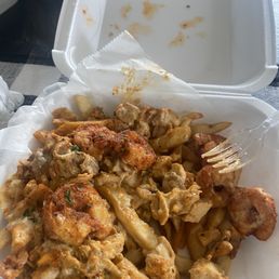 Cajun chicken & Shrimp fries with Alfredo sauce