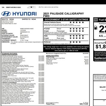 Pinehurst Hyundai - This is the actual sticker on the vehicle. Note the MSRP OF $48115.00 - Car Dealers Near Me - Southern Pines, North Carolina Pinehurst Hyundai - This is the actual sticker on the vehicle. Note the MSRP OF $48115.00 - Car Dealers Near Me - Southern Pines, North Carolina