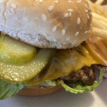 Coney Island - a hamburger with pickles and cheese - Burgers Near Me - Kalamazoo, Michigan