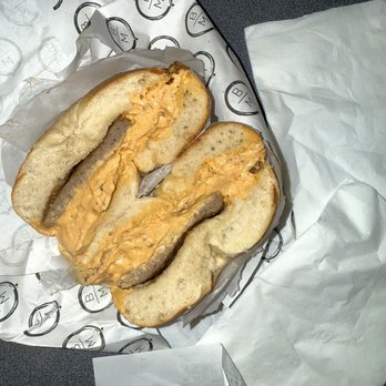 Bagel Market - Salt bagel with turkey, sausage, and chipotle, bacon, cream cheese - Bagels Near Me - New York, New York Bagel Market - Salt bagel with turkey, sausage, and chipotle, bacon, cream cheese - Bagels Near Me - New York, New York