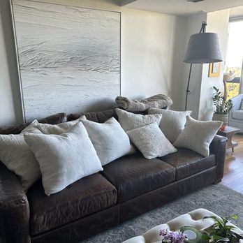 Sterling Custom Upholstery - After, With my pillows back on the amazing refilled cushions - Furniture Reupholstery Near Me - Mountain View, California