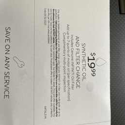 Infiniti synthetic oil change coupon