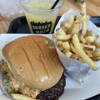 Burger Mojo - Cheeseburger and fries. Margarita served with a private event we were attending. - Burgers Near Me - College Station, Texas