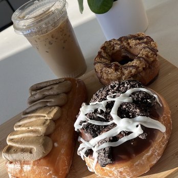 Judy's Donuts & Coffee - Maple Bar, Oreo, & Samoa Donut; Oat Milk Iced Latte - Donuts Near Me - Midway, Utah