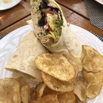The Terrace - Chicken pesto wrap with homemade chips! - New American Near Me - Pasadena, California The Terrace - Chicken pesto wrap with homemade chips! - New American Near Me - Pasadena, California