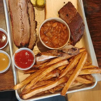 SAUCED Barbeque & Brews - 3 meat sampler with brisket, 2 rib bone, turkey. sides of fries and wicked beans - Barbeque Near Me - Eureka springs, Arkansas SAUCED Barbeque & Brews - 3 meat sampler with brisket, 2 rib bone, turkey. sides of fries and wicked beans - Barbeque Near Me - Eureka springs, Arkansas