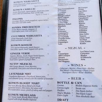 Komo's Cocina - Drink menu. - Mexican Near Me - Long Beach, California