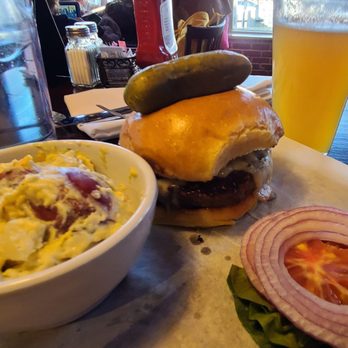 Buttonwood Grill - Burger with dill potatoe salad and a glass of Cape May Coastal Evacuation (Double IPA) - New American Near Me - Lahaska, Pennsylvania Buttonwood Grill - Burger with dill potatoe salad and a glass of Cape May Coastal Evacuation (Double IPA) - New American Near Me - Lahaska, Pennsylvania