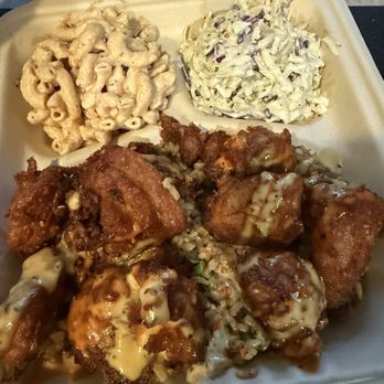 JoJo's Hawaiian Fried Chicken - #3 - Fried Chicken Rice Bowl w/ Mac Salad and Cole Slaw. - Food Trucks Near Me JoJo's Hawaiian Fried Chicken - #3 - Fried Chicken Rice Bowl w/ Mac Salad and Cole Slaw. - Food Trucks Near Me
