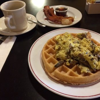 Good Day Cafe - Waffle, bacon, scrambled eggs tricked out with sautéed mushrooms. Will ask for cheese on top next time! - Breakfast & Brunch Near Me - Vallejo, California Good Day Cafe - Waffle, bacon, scrambled eggs tricked out with sautéed mushrooms. Will ask for cheese on top next time! - Breakfast & Brunch Near Me - Vallejo, California
