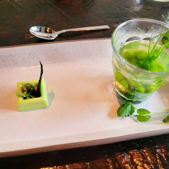 Dirt Candy - Pea greens soup with pea green gnocchi/dumplings and a pea green mousse with mustard - Vegetarian Near Me - New York, New York Dirt Candy - Pea greens soup with pea green gnocchi/dumplings and a pea green mousse with mustard - Vegetarian Near Me - New York, New York