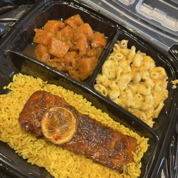 Glaze salmon, Mac and cheese, yams, muffin, yellow rice