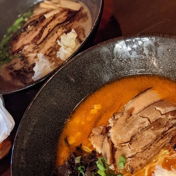 Toyori - (from back to front): Tonkatsu black garlic ramen and Signature spicy ramen - Ramen Near Me - Houston, Texas Toyori - (from back to front): Tonkatsu black garlic ramen and Signature spicy ramen - Ramen Near Me - Houston, Texas