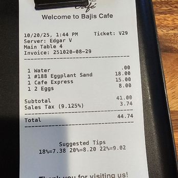 Bajis Cafe - A printed receipt from Bajis Cafe is placed on a black tray, showing order details, prices, and a QR code for payment. - Breakfast & Brunch Near Me - Mountain View, California