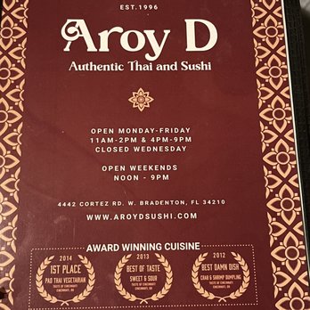 Aroy D Thai and Sushi - Menu with hours and address. - Sushi Bars Near Me - Bradenton, Florida