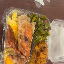 Baked Turkey Wing, Macaroni & Cheese, Collard Greens, Candied Yams