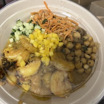 RASA - Shrimp bowl with lemon turmeric rice, chickpeas, cucumber, mango and carrot slaw - Indian Near Me - Arlington, Virginia RASA - Shrimp bowl with lemon turmeric rice, chickpeas, cucumber, mango and carrot slaw - Indian Near Me - Arlington, Virginia