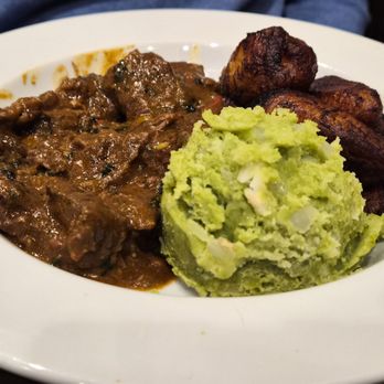 Swahili Village - Beef Stew - Nyama Mchuzi, Mokimo, and Fried Sweet Plantains - African Near Me - Newark, New Jersey