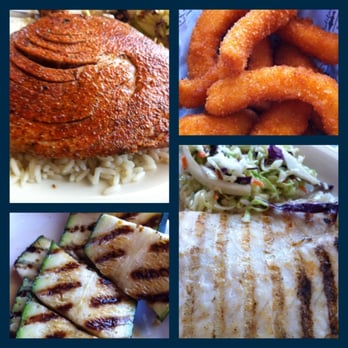 California Fish Grill - Cajun style ahi, calamari, grilled zucchini, and white fish with garlic butter on the side. - Seafood Near Me - Brea, California