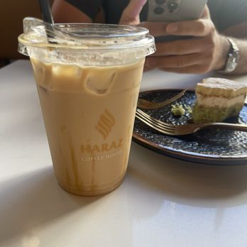 Haraz Coffee House - Pistachio ricotta cake, iced caramel latte - Desserts Near Me - New Brunswick, New Jersey