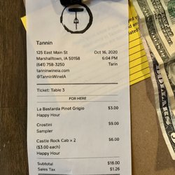 Tannin - Happy hour! Half price house wines ($3)