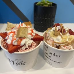 Left: Shawty Strawberry Right: Raspberry flavor with peanut butter and berry drizzle, topped with banana and raspberry