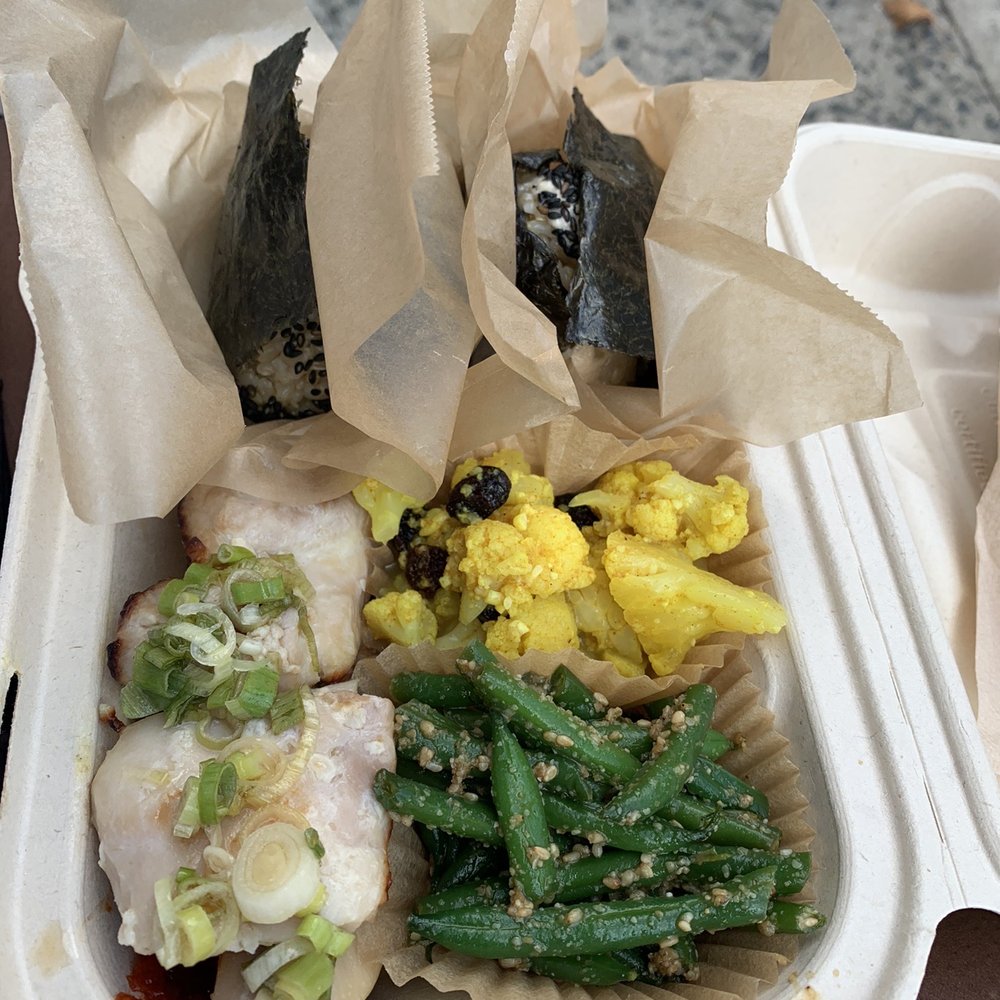Rice & Miso - Grilled Chicken bento box with Curried Pickled Cauliflower, green bean & two rice balls - Japanese Near Me - Brooklyn, New York Rice & Miso - Grilled Chicken bento box with Curried Pickled Cauliflower, green bean & two rice balls - Japanese Near Me - Brooklyn, New York