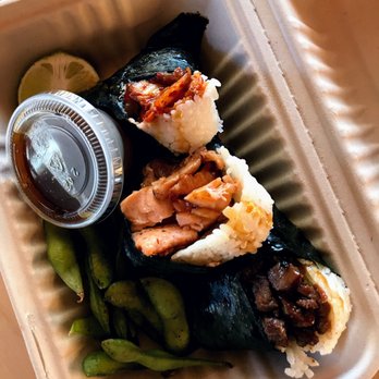 Oori Triangles - To-go order of 3 rice triangles (kimchi tofu, grilled salmon, and beef) with edamame - Japanese Near Me - Albany, California Oori Triangles - To-go order of 3 rice triangles (kimchi tofu, grilled salmon, and beef) with edamame - Japanese Near Me - Albany, California