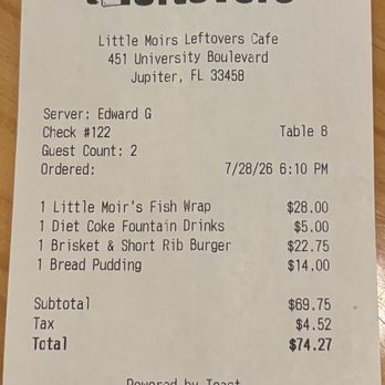 Leftovers Cafe - Receipt - Seafood Near Me - Jupiter, Florida Leftovers Cafe - Receipt - Seafood Near Me - Jupiter, Florida
