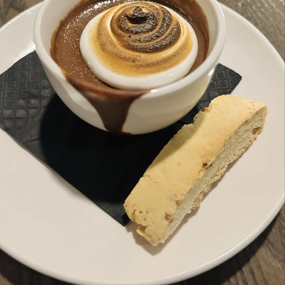 Bella - Chocolate Pot De Crème chocolate custard, torched homemade meringue, hazelnut biscotti - Italian Near Me - Maryville, Tennessee Bella - Chocolate Pot De Crème chocolate custard, torched homemade meringue, hazelnut biscotti - Italian Near Me - Maryville, Tennessee