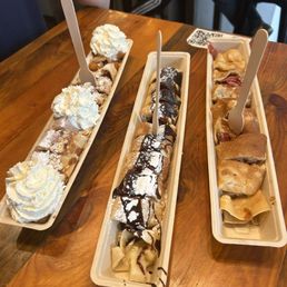 Sweet and savory crepes! Added bacon to mine on the right. Sweet and savory crepes! Added bacon to mine on the right.