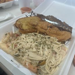 Shrimp Alfredo with Fried Catfish Shrimp Alfredo with Fried Catfish