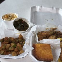Corn bread fried okra greens mac and cheese chicken wings and fries Corn bread fried okra greens mac and cheese chicken wings and fries