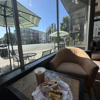 Maxfield's House of Caffeine - Delicious and classic breakfast bagel sandwich & iced oat milk latte - Coffee & Tea Near Me - San Francisco, California