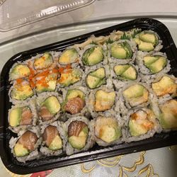 We have top easter roll, Avocado Roll with jalapeño, bottom Salmon Avocado Roll, Spicy Shrimp Avocado Roll