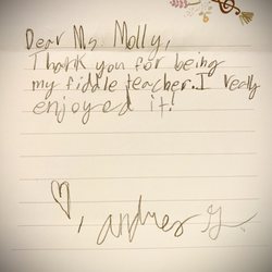 Molly White Music Lessons - A student's note of appreciation!