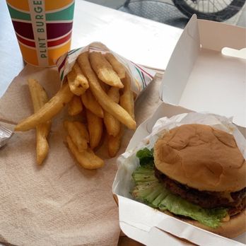 PLNT Burger - PLNT Cheeseburger and Crispy Herb Fries sans herbs - Vegan Near Me - New York, New York PLNT Burger - PLNT Cheeseburger and Crispy Herb Fries sans herbs - Vegan Near Me - New York, New York
