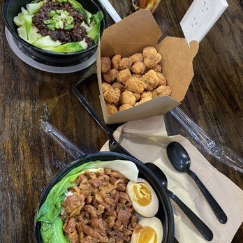 Bite & Tea - Taiwanese Braised Pork Rice (right) Salt and Pepper Popcorn Chicken (middle) - Asian Fusion Near Me - Bristol, Connecticut
