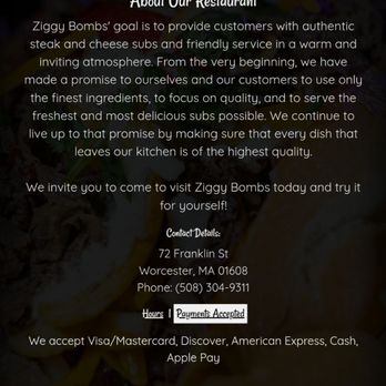 Ziggy Bombs - Payment methods listed on website - Cheesesteaks Near Me - Worcester, Massachusetts