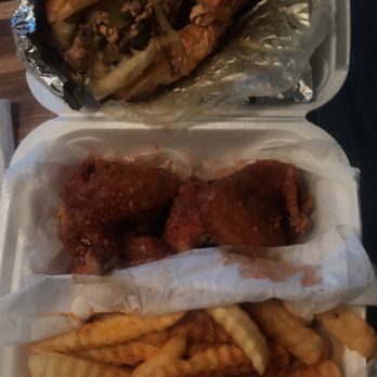 Fingerz - Jerk Salmon Philly and 4pc Whole Wing w/Fries Sauce: Ga Peach - Soul Food Near Me - Snellville, Georgia Fingerz - Jerk Salmon Philly and 4pc Whole Wing w/Fries Sauce: Ga Peach - Soul Food Near Me - Snellville, Georgia