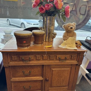 Thrift & Thrive - Merchandise - antique storage table, vase with flowers, bongo drums - Thrift Stores Near Me - Drexel Hill, Pennsylvania