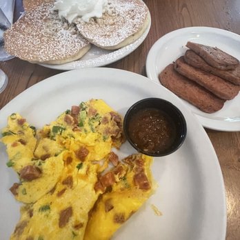 Eggs 'n Things - Macadamia Nut pancake and Portuguese Sausage & Eggs scramble  and side of spam. - Breakfast & Brunch Near Me - Honolulu, Hawaii