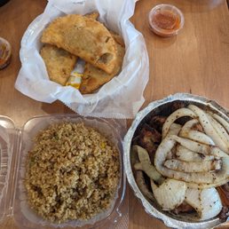 Pastel (top), Dibi Chicken w/jollof side (bottom)